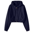thumbnail image 5 of SNKSDGM Women Solid Cropped Full Zip Up Hoodie Jacket, Oversized Long Sleeve Drawstring Sweatshirt With Patch Pockets Casual Street Outer Tops Navy XL, 5 of 5