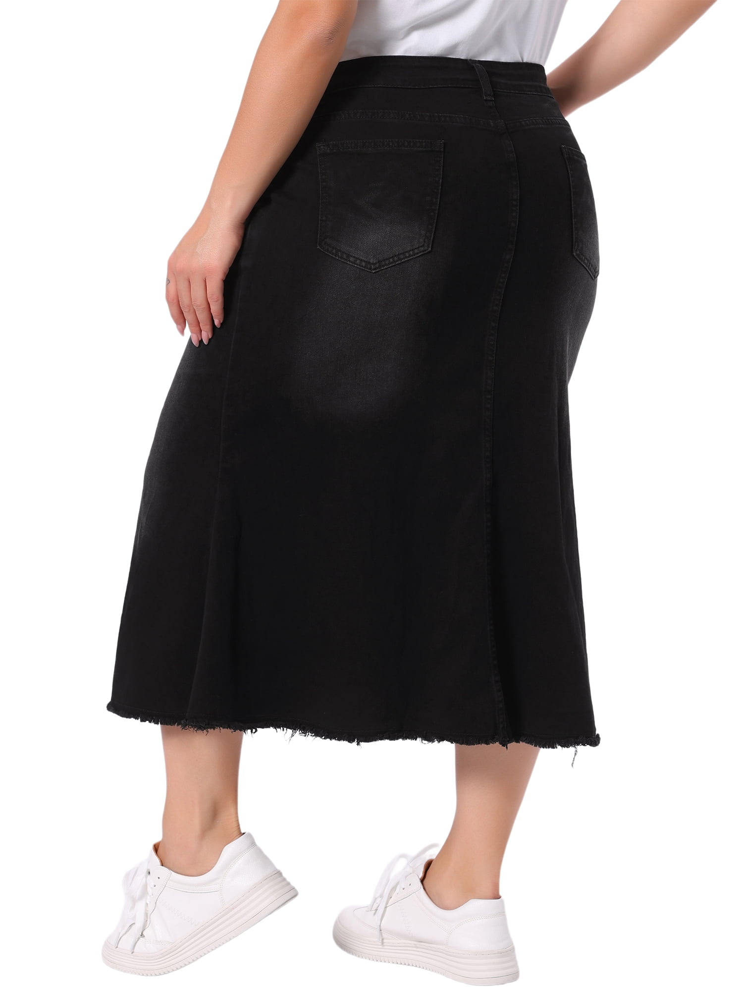 DARING DIVA Women's Plus Stylish Denim Fishtail Midi Jean Skirt with Pockets 4X Black