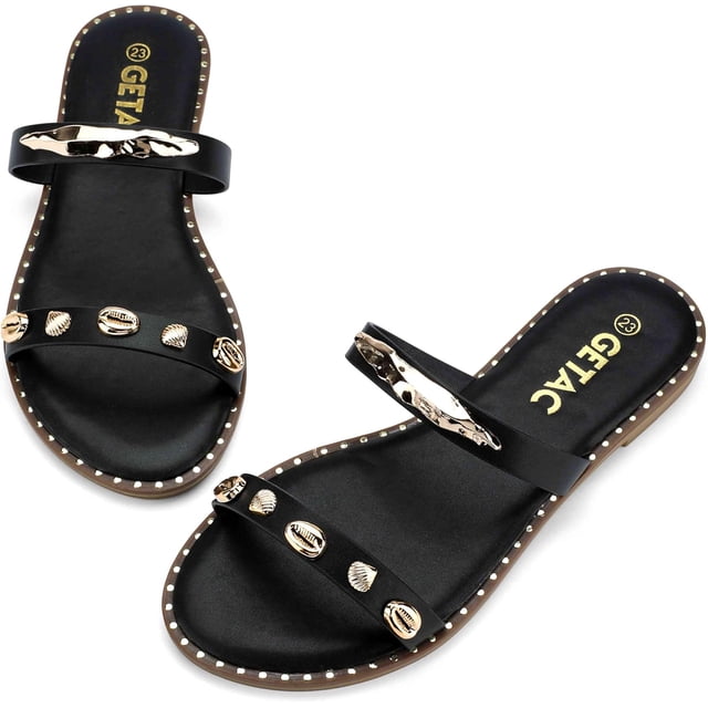 Getac CHANCLAS MUJER, SANDALIAS Planas con Punta Pbierta, Broche ajustable Correa con diseño remaches Suela Antiderrapante Viscoelástica PANTUNFLAS, Casuales Cómodas,Negro