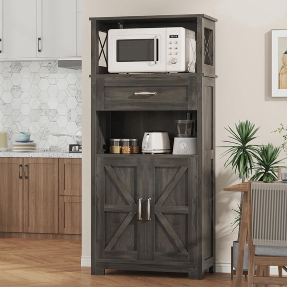 Casendy Kitchen Cabinet with Doors, Farmhouse Pantry Cabinet with Storage Shelf and Drawer, Wooden Kitchen Cupboard Cabinets for Dining Room, Living Room, Gray