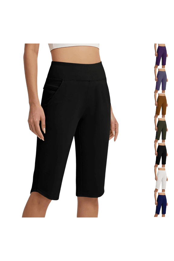 Womens Bermuda Long Shorts Knee Length Capris Pull on Petite High Waisted Athletic Shorts with Pockets Summer Stretch Loose Jeggings Black XL
