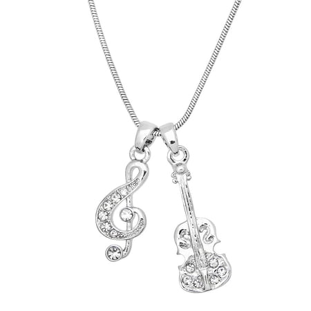 Guitar & Musical Note Pendant Necklace Rhinestone Crystal Rhodium Plated 17 Inch Snake Chain J0455-CR
