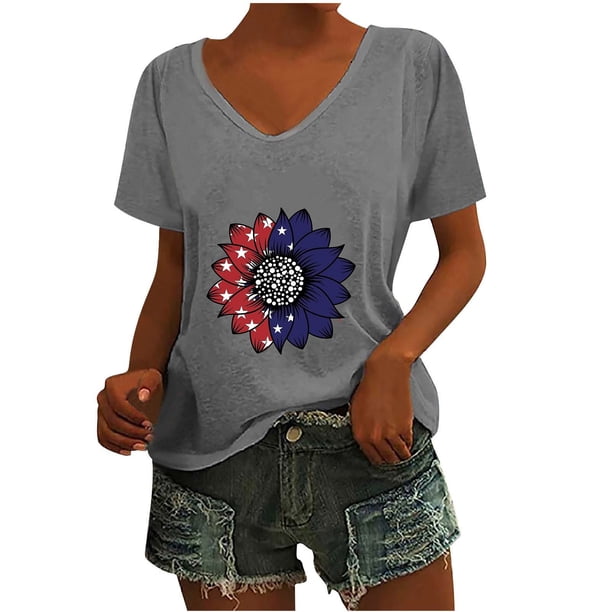Camisetas Casuales de las Mujeres Gradiente Día de la Independencia Impreso Cuello Redondo, Blusa de Manga Corta para Diario, Fiesta Y Primavera Verano