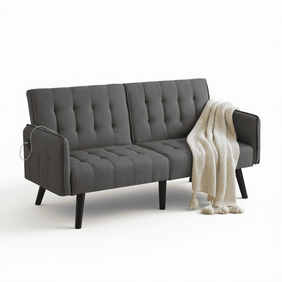 65" Convertible Futon Sofa Bed with USB Ports, Small Loveseat Couch for Living Room, Dorm, Office