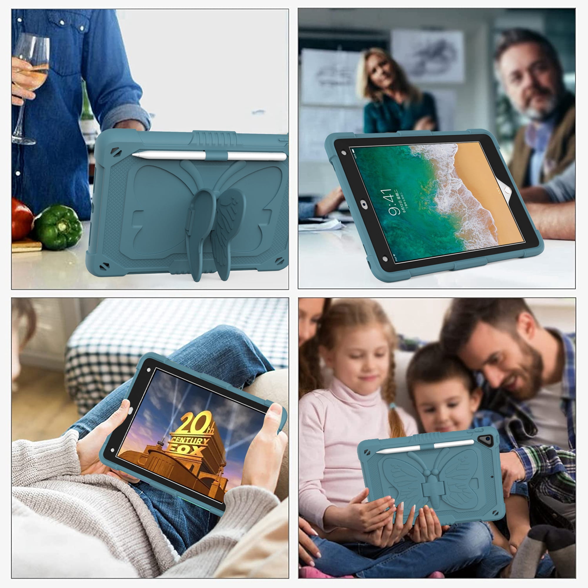 Dteck for iPad 6th 5th Generation Case with Kickstand Butterfly Wings Pencil Holder, Heavy Duty Hard Rugged Protective Cover Kids Girls for 9.7 inch iPad 6th/5th Gen/Air 2,Darkgreen