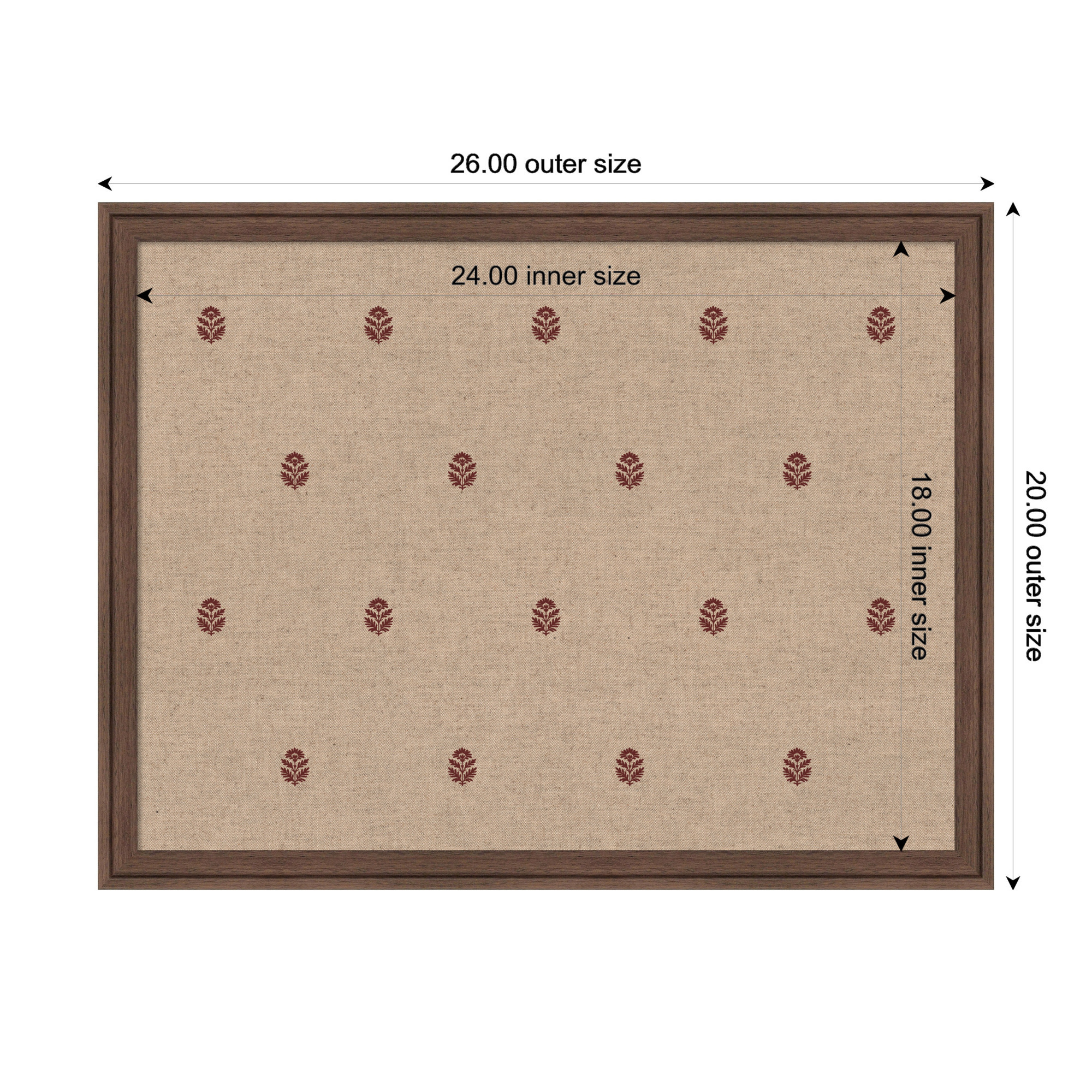 Kate and Laurel Framed Fabric Pinboard 26 x 20, Red Botanical Block Print Printed Linen Classic Bulletin Board for Use as a Vision Board or Wall Organization, Florence Medium Brown Frame