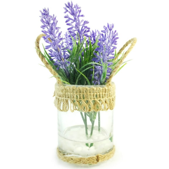 Mini Artificial Lavender Potted in Round Clear Glass Pot, Decorated by Rope Made of Hemp for Home Decor (Green,Purple)…