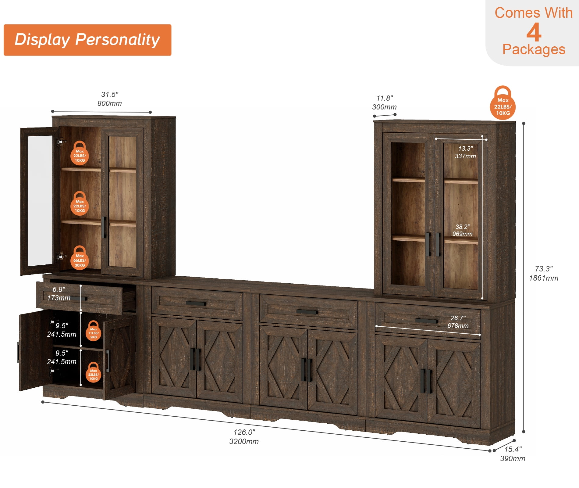 WAMPAT Farmhouse Entertainment Center with Bookshelf for TVs up to 70",Mid Century Modern TV Stand with 73"H Tall 5-Tier Bookcase with Open Storage and Barn Doors for Living Room,Bedroom,Rustic Brown
