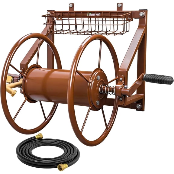 Garden Hose Reel Wall Mounted, Heavy Duty Hose Reel Holds 155ft of 5/8-inch Hose, Outdoor Metal Water Hose Organizer with 6.5ft Leader Hose & Brass Fitting for Outside