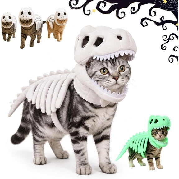 Dinosaur Skeleton Glow in Dark Cat Costume – Soft Plush Hood with 3D Bones, Halloween Pet Cosplay Outfit for Cats & Small Dogs,S