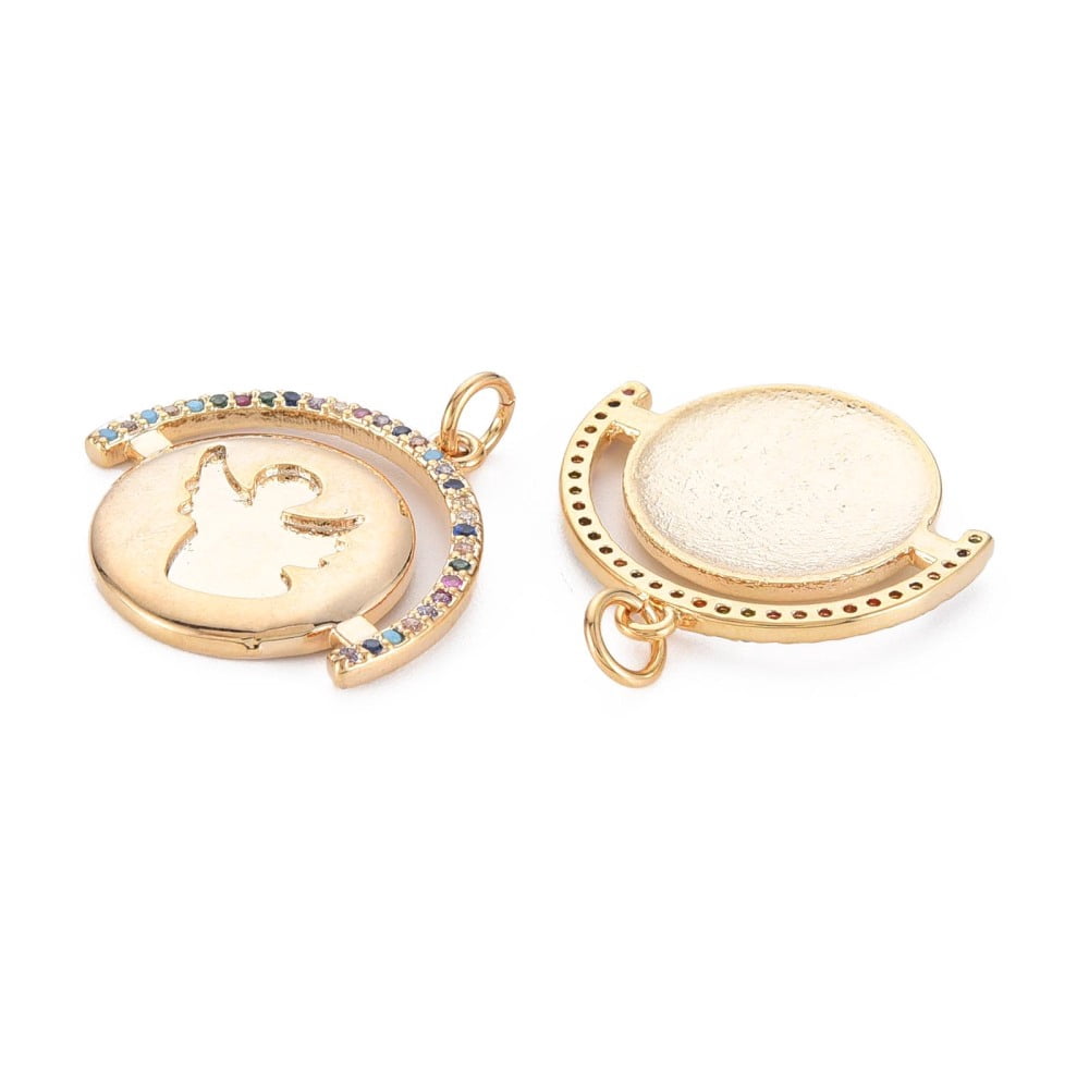 Brass Micro Pave Colorful Cubic Zirconia Enamel Settings Nickel Free Flat Round Real 18K Gold Plated 21.5x22x2mm Hole: 1.2mm jump ring: 5mm in diameter 0.8mm thick inner diameter: 3mm