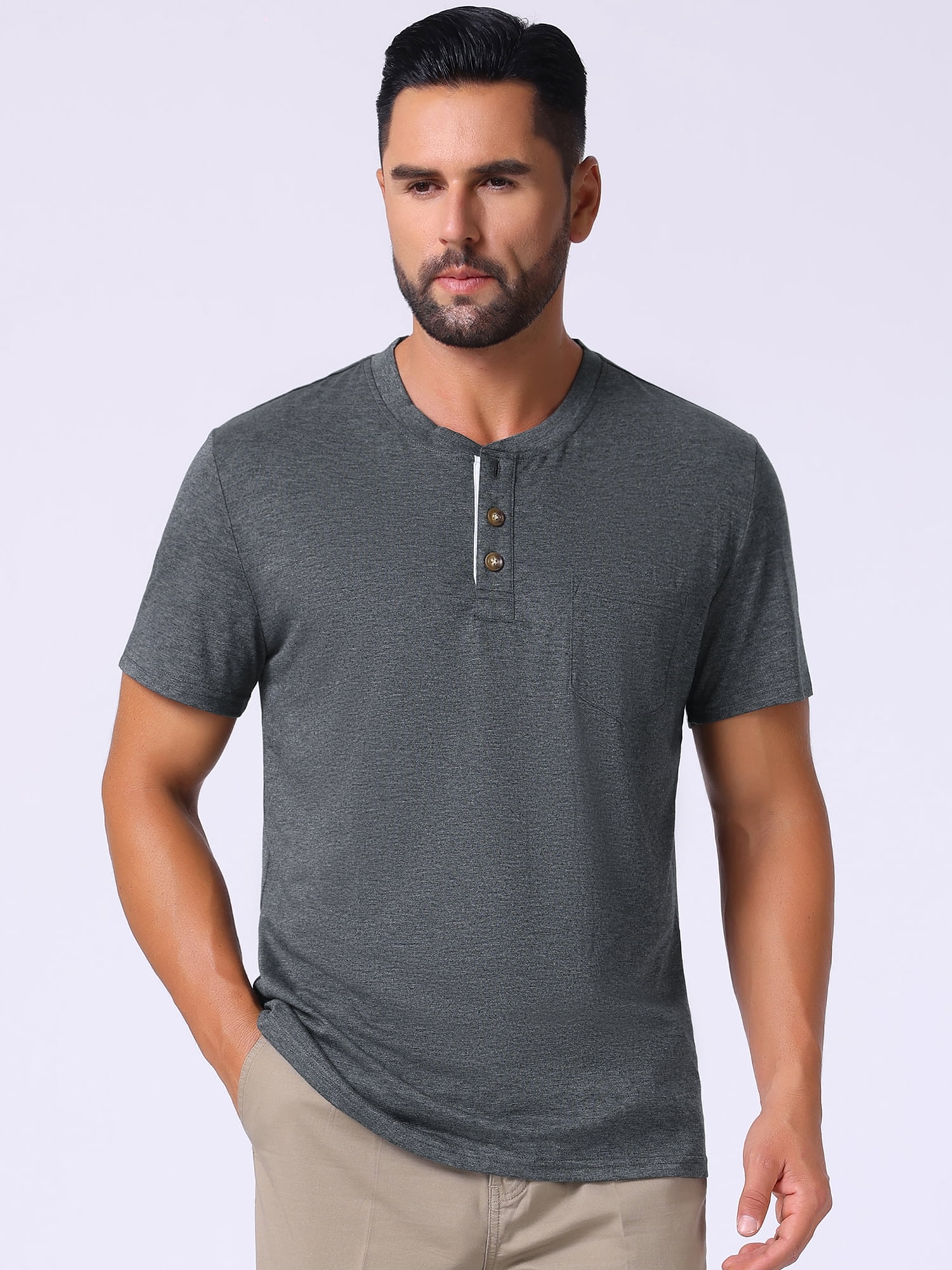 DARING DIVA Men's Casual Summer Short Sleeves Button Henley Basic Tee S Dark Gray