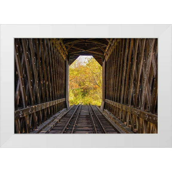 Jones, Allison 14x11 White Modern Wood Framed Museum Art Print Titled - USA-Vermont-Fall foliage seen off Rt 15-Wolcott-Fisher Covered Railroad Bridge (1908)