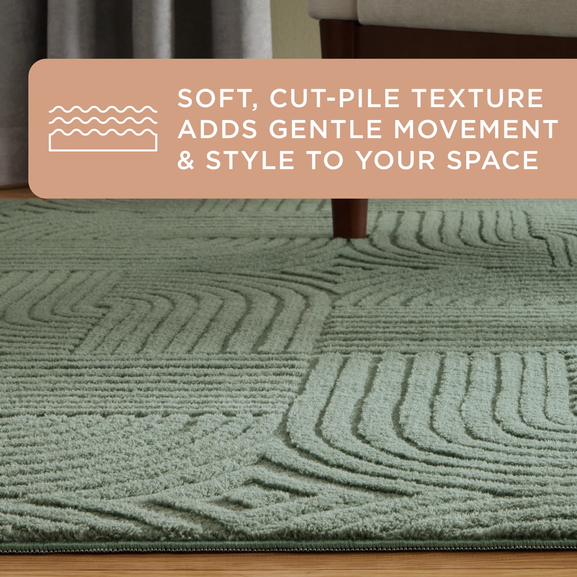TOWN & COUNTRY EVERYDAY Stone Geo Curve Soft Felt Everwash®, Machine Washable Area Rug with Non-Slip Backing, Geometric Rug, Sage Green, 4'11"x6'10"