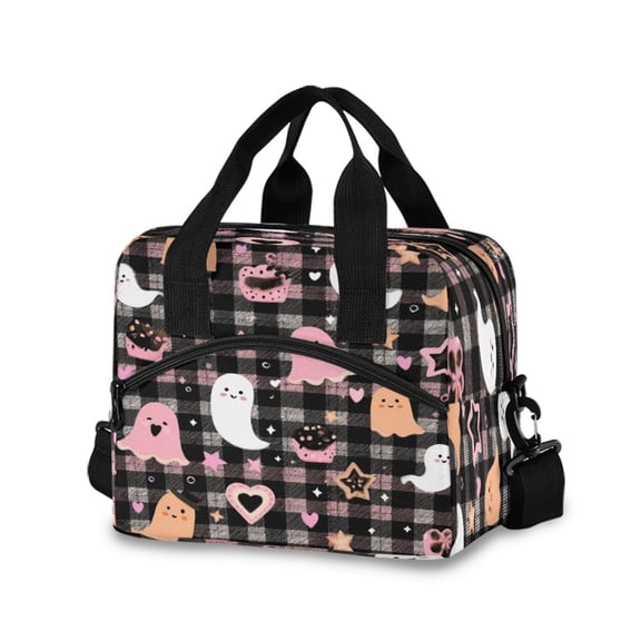 Insulated Crossbody Lunch Bag 10L Lunch Tote with Adjustable Shoulder Strap for Work Office Picnic Cute Pastel Ghost Pattern