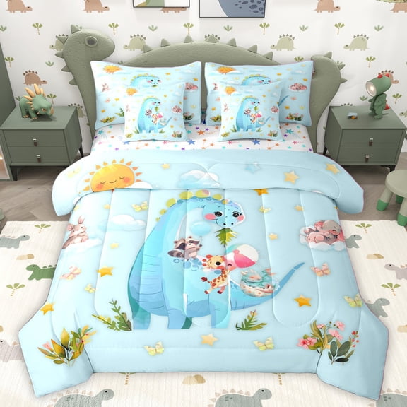 Homewish Cute Jungle Dino Dinosaur Twin Bedding Sets 7-Piece for Kids Teens,Cartoon Wildlife Giraffe Bedding Comforter Set Microfiber,Woodland Animal Breathable Sheet Sets,Luxury Bedroom Decor