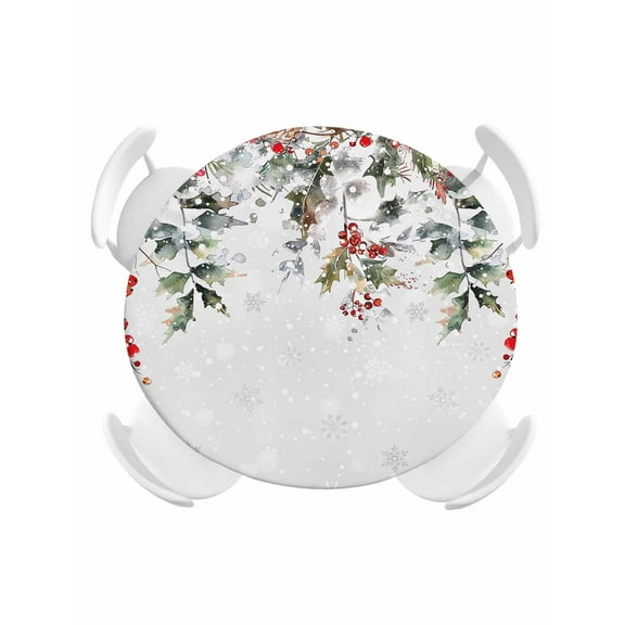 Round Tablecloth Watercolor Vintage Christmas Branch Elastic Edge Fitted Winter Holly Berry Plastic Table Cover,Waterproof Oil Proof for Dinner,Outdoor, Picnic, 36" - 44"  DIA Tables