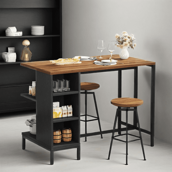 Kitchen Island with 5 Open Shelves - Rustic Walnut Grain Top, Matte Black Steel Frame, Versatile Storage for Small Spaces
