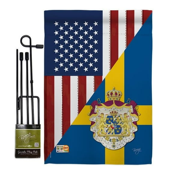 Breeze Decor BD-FS-GS-108385-IP-BO-D-US16-BD 13 x 18.5 in. US Sweden Friendship Flags of the World Impressions Decorative Vertical Double Sided Garden Flag Set with Banner Pole