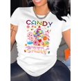 thumbnail image 1 of T-Shirt Graphique "Candy Crew" pour Femmes - Noir avec Imprimé Bonbon Coloré, Col Rond Décontracté Manches Courtes, Haut d'Été Confortable en Mélange de Coton, 1 of 7