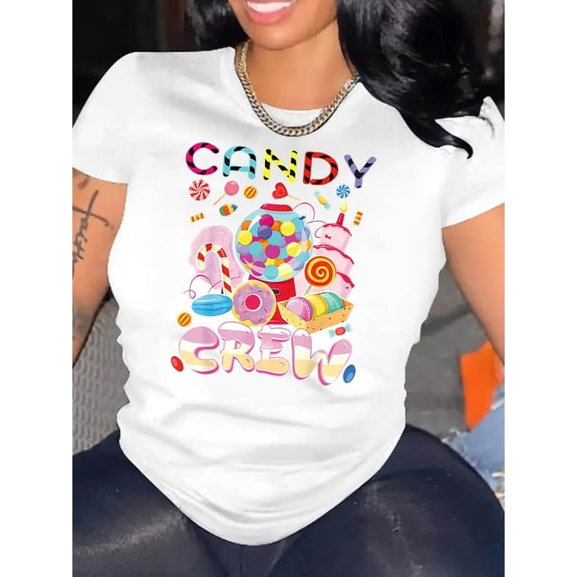 T-Shirt Graphique "Candy Crew" pour Femmes - Noir avec Imprimé Bonbon Coloré, Col Rond Décontracté Manches Courtes, Haut d'Été Confortable en Mélange de Coton