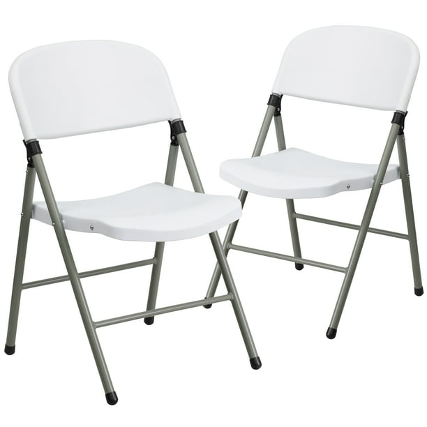 Flash Furniture HERCULES Series White Plastic Folding Chairs | Set of 2 Lightweight Folding Chairs with Gray Frame