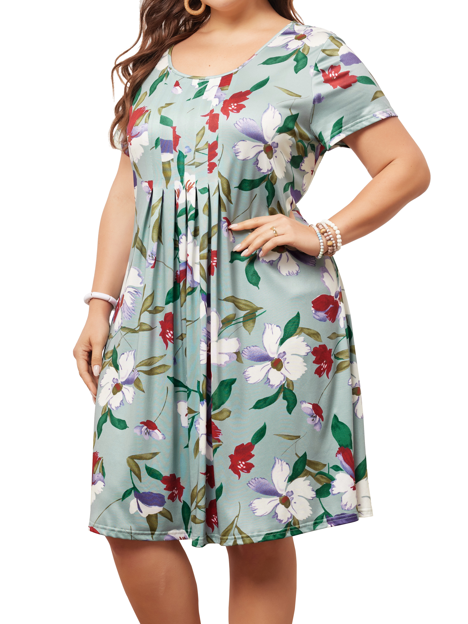 DARING DIVA Plus Size Outfits Tropical Floral Short Sleeve Dress 1X Green