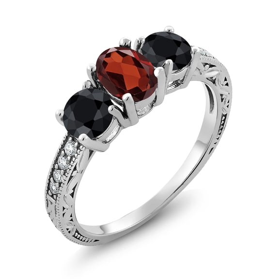 Gem Stone King 2.37 Ct Oval Red Garnet Black Sapphire 925 Sterling Silver Moissanite Ring (Size 7)