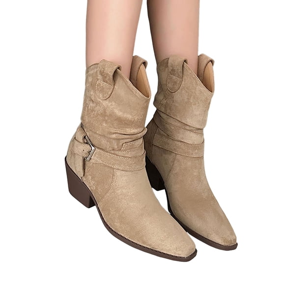Slouchy Riding Boots for Women Suede Split Toe Trendy Strappy Chunky Heel Pull on Short Winter Booties Casual Western Mid Calf Boots
