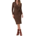 thumbnail image 2 of Vestido midi casual de manga larga con cuello en V y lazo en la cintura para mujer Inspire Chic, color marrón, 2 of 5