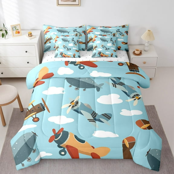Castle Fairy Kids Cartoon Plane 7-Piece Twin Bedding Sets,Transportation Theme Bedding Comforter Set,Kawaii Airplane Breathable Sheet Sets,Lightweight Room Decor