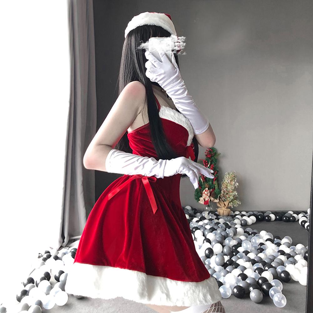 QWZNDZGR Women Christmas Santa Claus Red Sleeveless Maid Waitress Winter  Dress Xmas Party Cosplay Costume Sexy Uniform