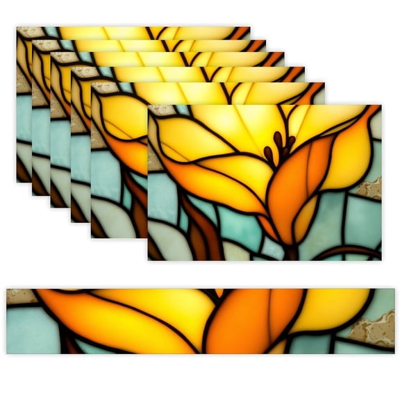 7 Piece Linen Table Runner and Placemats Set, Stained Glass Lily Flower Window Round Corner Heat Resistant Washable Table Mats for Home Kitchen Dining Party Decoration