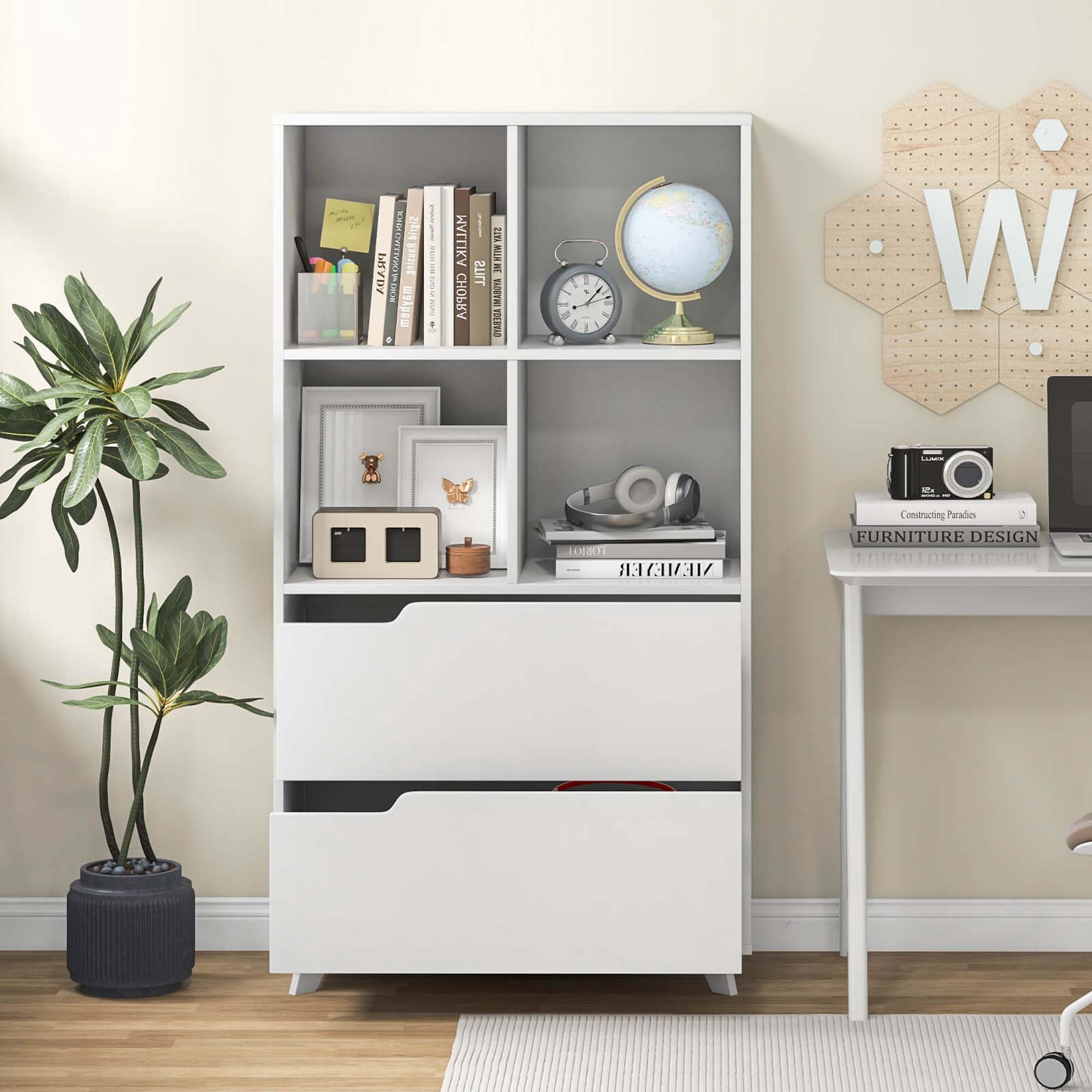 Costway Bookcase with 2 Drawers 4-Tier Open Bookshelf with 4 Storage Cubes for Home Office