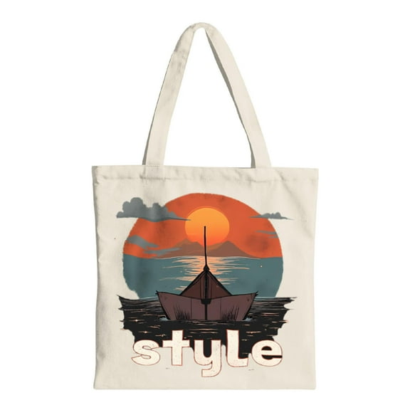 Stylish Canvas Tote Bag with Sunset Boat Design - Multifunctional Reusable Shopping Bag for Parties Travel & Everyday Use
