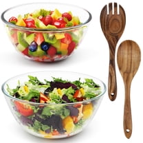 Extra Large Glass Salad Bowl Set of 2 with Acacia Wood Salad Serving Utensils - Nesting Serving Bowls for Party, Cooking, Baking, Prepping, Dishwasher Safe