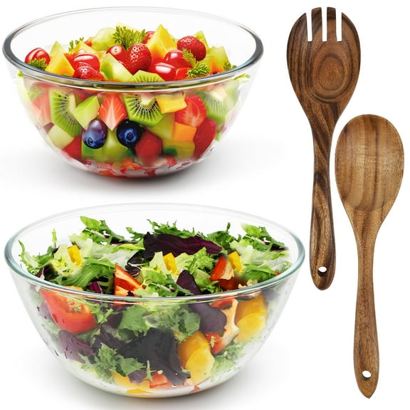 Extra Large Glass Salad Bowl Set of 2 with Acacia Wood Salad Serving Utensils - Nesting Serving Bowls for Party, Cooking, Baking, Prepping, Dishwasher Safe