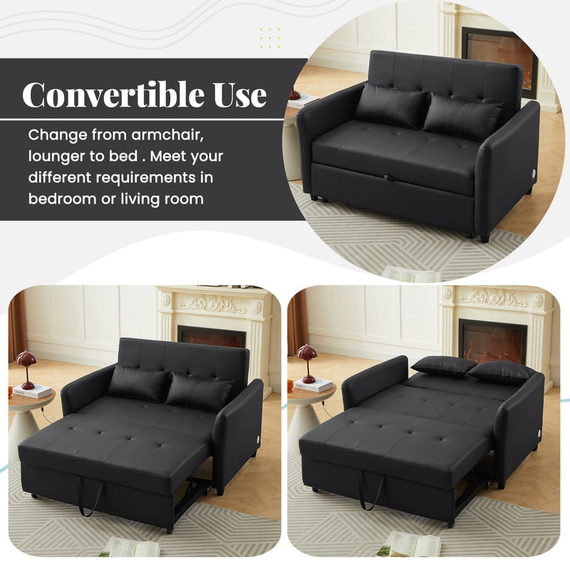 PU Leather Convertible Sleeper Sofa Bed, Adjustable Oversized Chaise Lounge Loveseat Couch with 3 USB Charging Ports