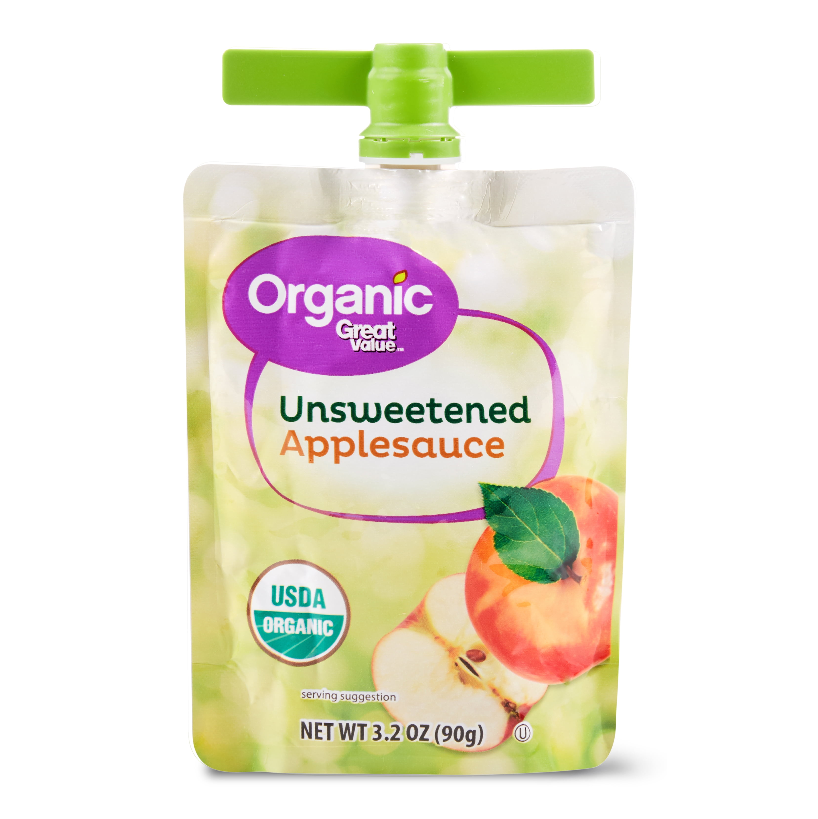 Great Value Organic Unsweetened Applesauce, 3.2 oz, 12 Pouches