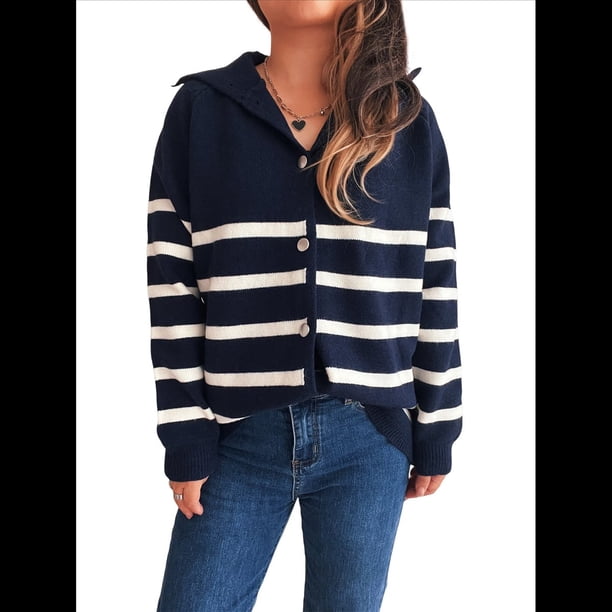 Suéteres de Larga con Bloques de Color para Mujer, Blusas A Rayas, Cárdigan de Punto con Botones y Abertura Frontal, Abrigos y Chaquetas. Azul Marino M