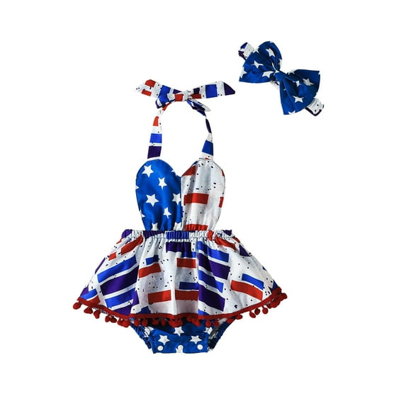 Baby Girl 4th of July Ruffled Romper American Flag Bodysuit Jumpsuit with Headband Independecen Day Outfit Set