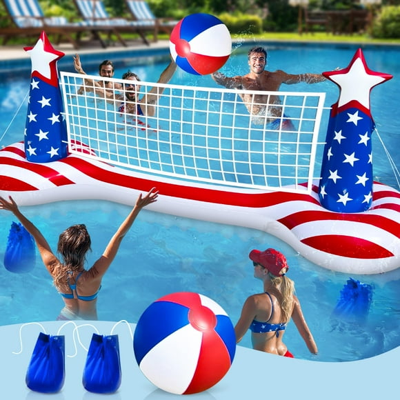 Large Inflatable Pool Games Volleyball Net Pool Float Set with 9" Beach Ball, 2 Weight Bags & American Flag Design – Floating Swimming Game Toy for A
