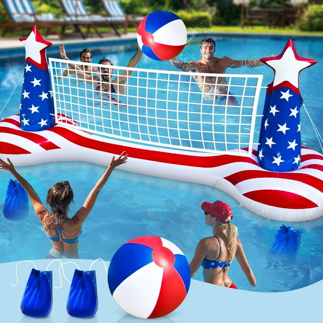 Large Inflatable Pool Games Volleyball Net Pool Float Set with 9" Beach Ball, 2 Weight Bags & American Flag Design – Floating Swimming Game Toy for A