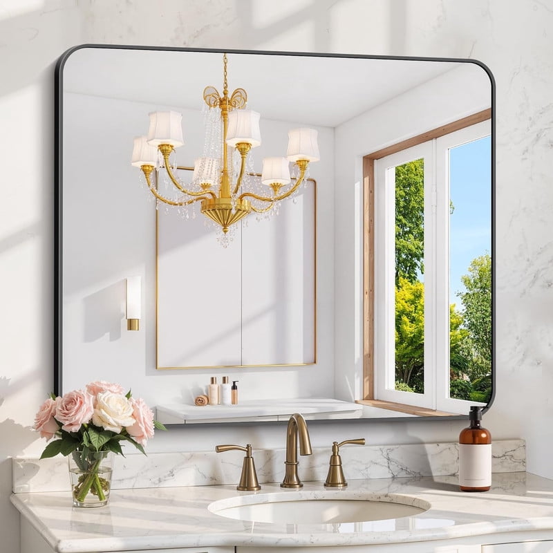 Clarvion 40"x32" Rounded Edge Rectangle Bathroom Mirror Wall Mounted Vanity Mirror,Black