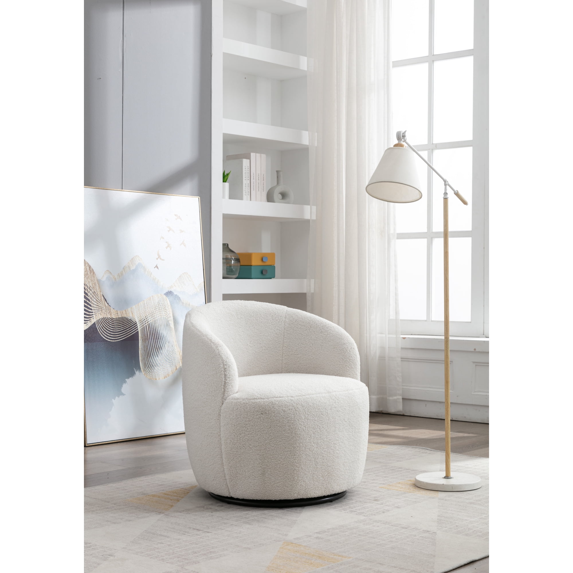 Leumius Teddy Fabric Swivel Accent Armchair Barrel Chair With Black Powder Coating Metal Ring for Bedroom Sunroom Reading Nook Ivory White