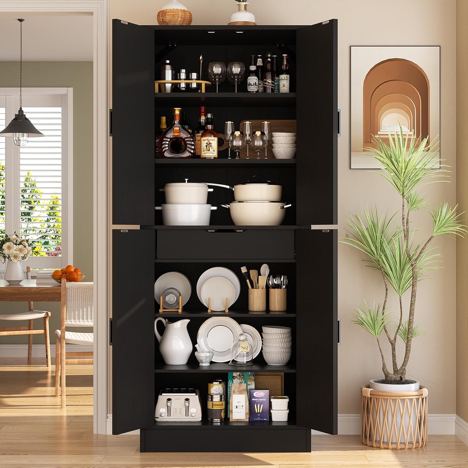 iSunirm 71" Tall Kitchen Pantry Storage Cabinet with Drawer, 4 Doors and 4 Adjustable Shelves, Freestanding Wood Farmhouse Pantry Cabinet for Kitchen, Dining Room, Pantry
