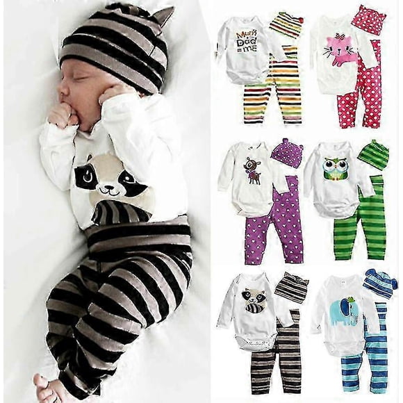 Newborn Toddler Baby Boys Girls Animal Print Romper Pants Hat Set Casual Outfit