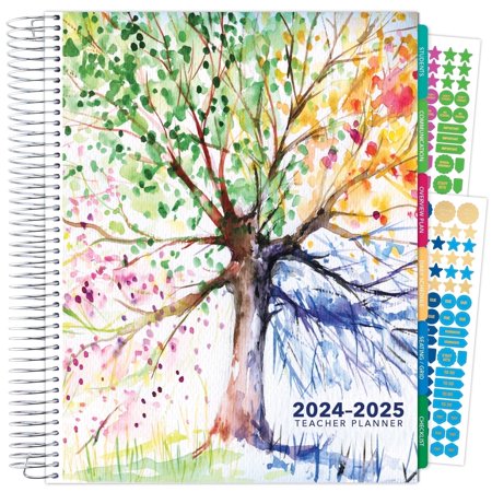 Aug 2024-Jul 2025 Deluxe Teacher Lesson Planner Notebook 8.5x11 Daily Weekly Monthly Organizers with 7 Periods, Pocket Folder, Dated Calendar, Page Tabs, Bookmark & Planning Stickers, Tree Seasons