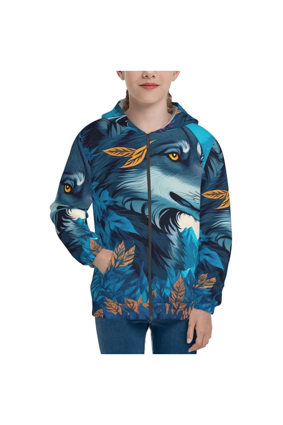 Blue Iceberg Leaf Wolf Teenage Zipper Hoodie, Long Sleeve Zip Up Hoodies Casual Jackets Tops for 7-12 Years-Small