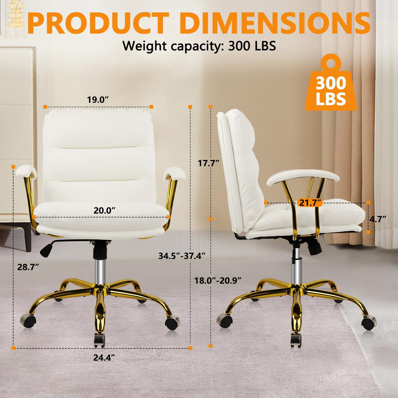 KLASIKA Leather Home Office Desk Chair with Wheels & Armrest, Mid Back Swivel Adjustable Computer Chair for Living Bedroom Office, White/Gold/300LB